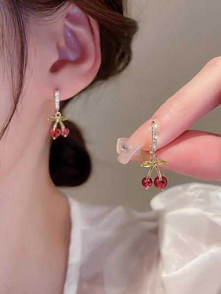 Cute Cherry Design Earrings with Rhinestones, Sparkling Small Hoops for Women, Perfect for Daily Wear, Dates & Gifts