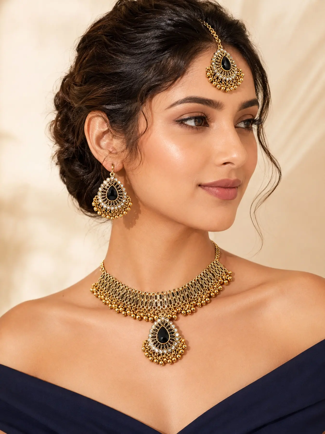 3Pcs Antique Gold Black Gemstone Indian Jewelry Set for Women, Kundan Choker Necklace Teardrop Drop Earrings Maang Tikka Headpiece Pack, Bollywood Bridal Wedding Festival Accessories