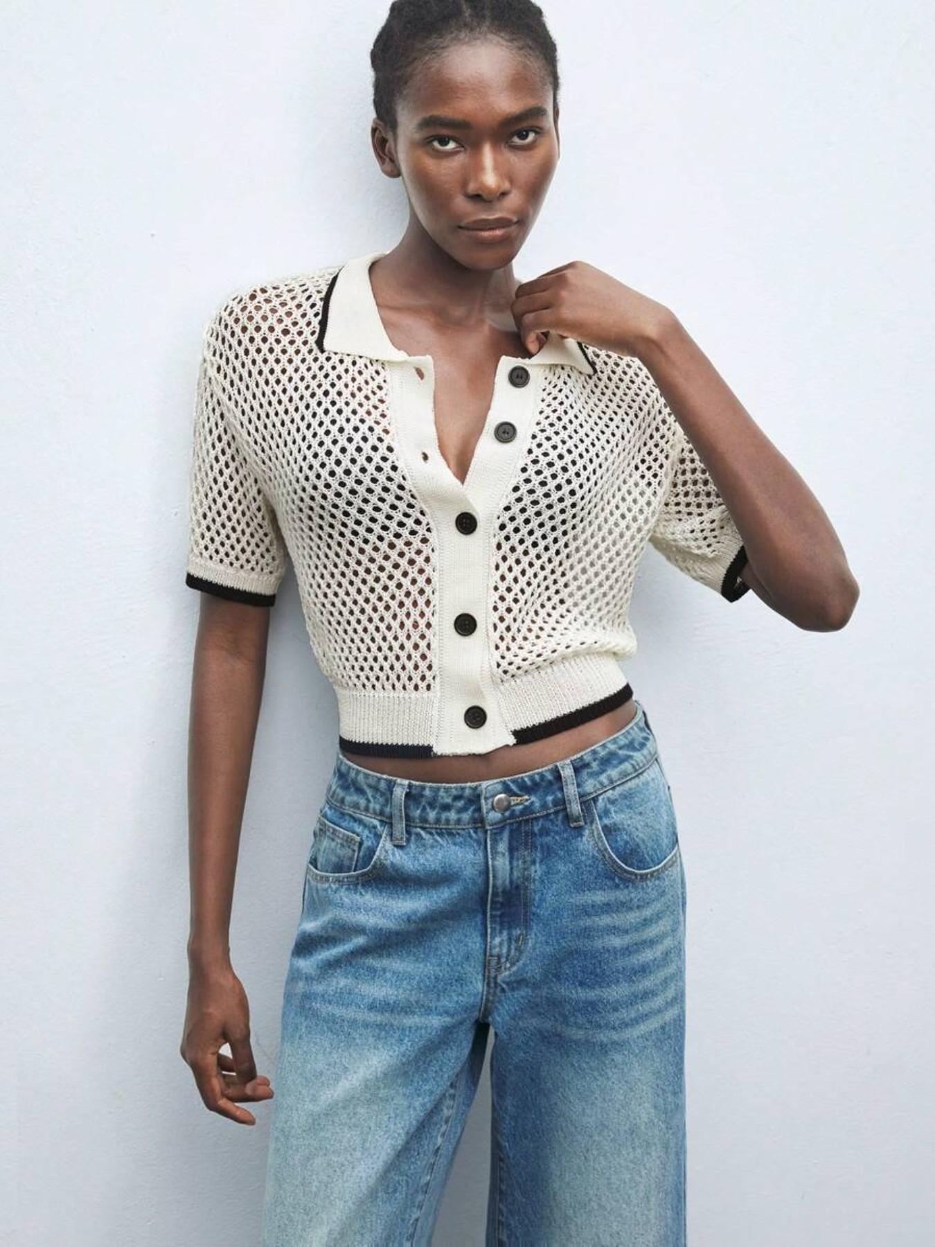 New Hollow-Out Knitwear, Women's Color-Block Short Sleeve Sweater, Elegant and Comfortable Polo Neck Top, Versatile Casual Wear