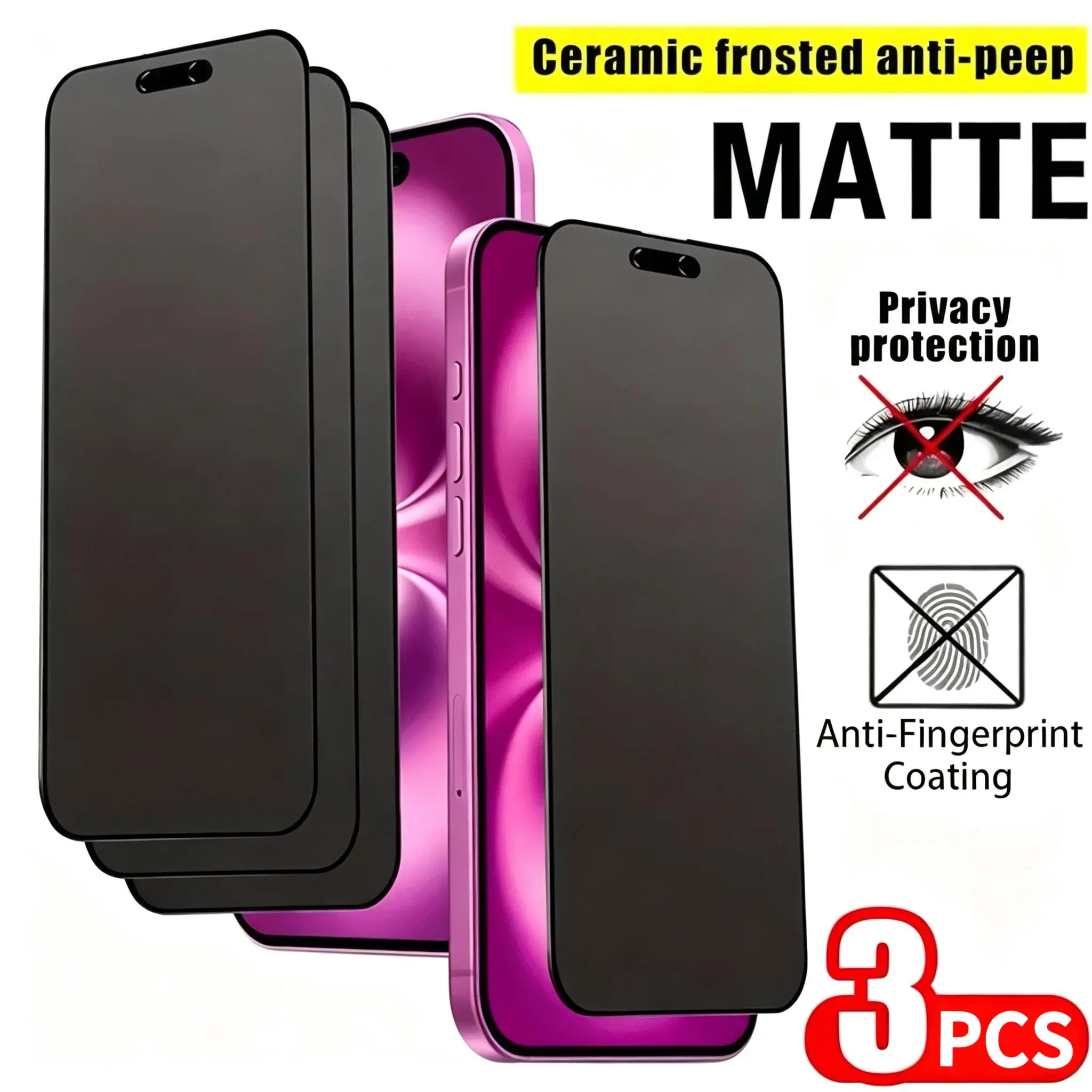 3pcs Full Coverage Matte Privacy Screen Protector with Anti-Spy Upgrade, Compatible with iPhone 17 Pro Max/17 Air/16 Pro Max/16 Plus/15 Pro Max/14/13/12/11/XS/XR Series, Edge Protection, Anti-Drop, Anti-Scratch, Easy Installation, Bubble-Free.