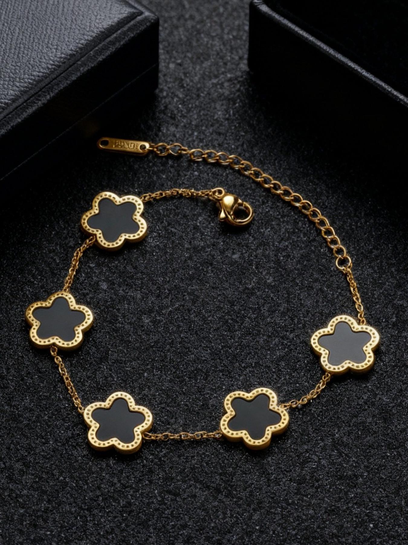 Stainless Steel Laser Five-Leaf Petal Adjustable Clover Bracelet, Classic Women Girls Brand Jewelry Party Gift