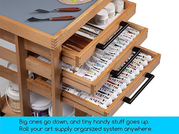 MEEDEN Art Supply Storage Cart, 5 Tier Solid Beech Wood Utility Rolling Cart with 3 Drawers, Craft Orgnizer on 4 Wheels