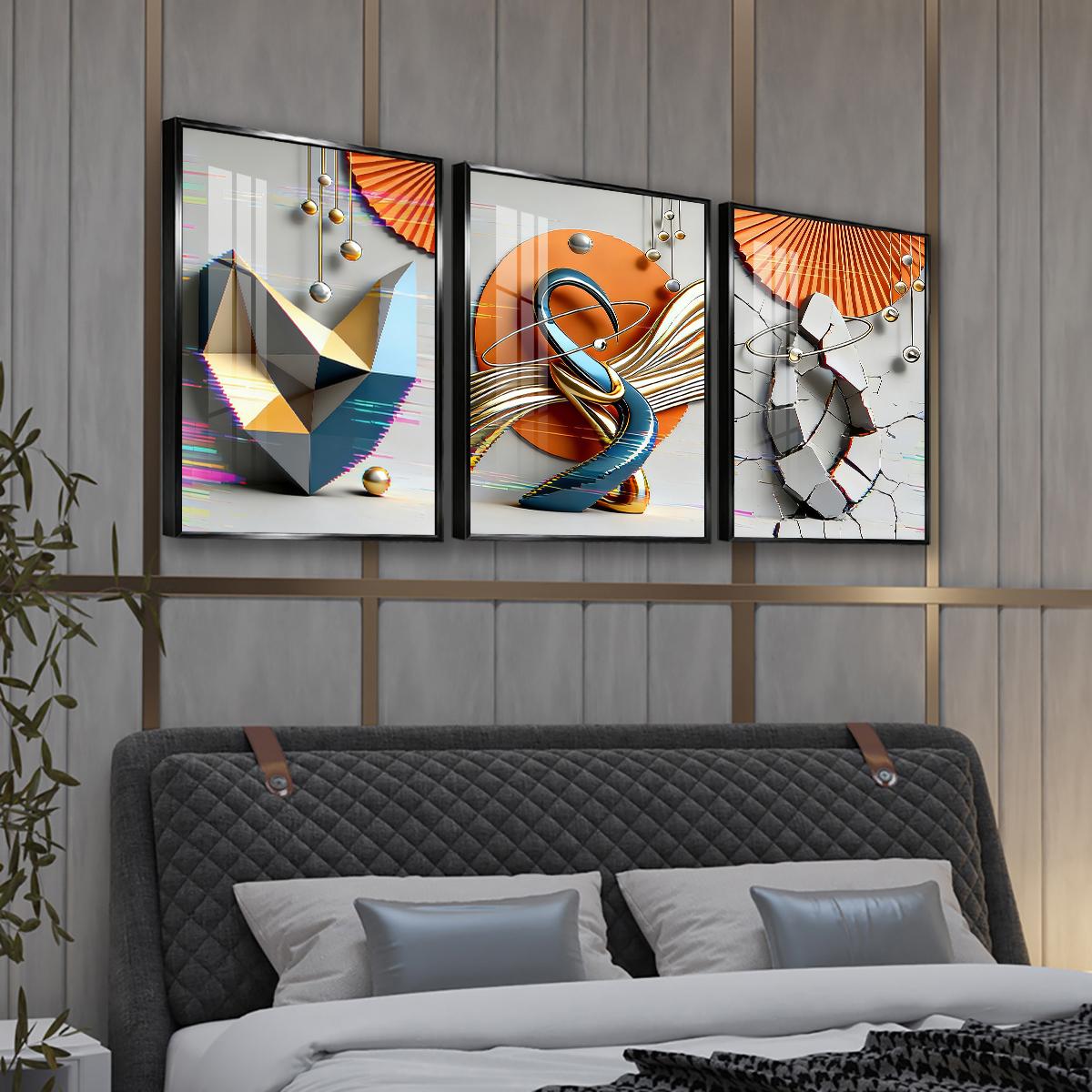 3 Counts Aluminum Alloy Framed Painting, Modern Geometric Abstract Art Pictures, Home Decoration For Living Room, Bedroom, Office, Restaurant, Hallway Wall Decor, Odorless Print Artwork, Luxury Perfect Gift For Friends And Family