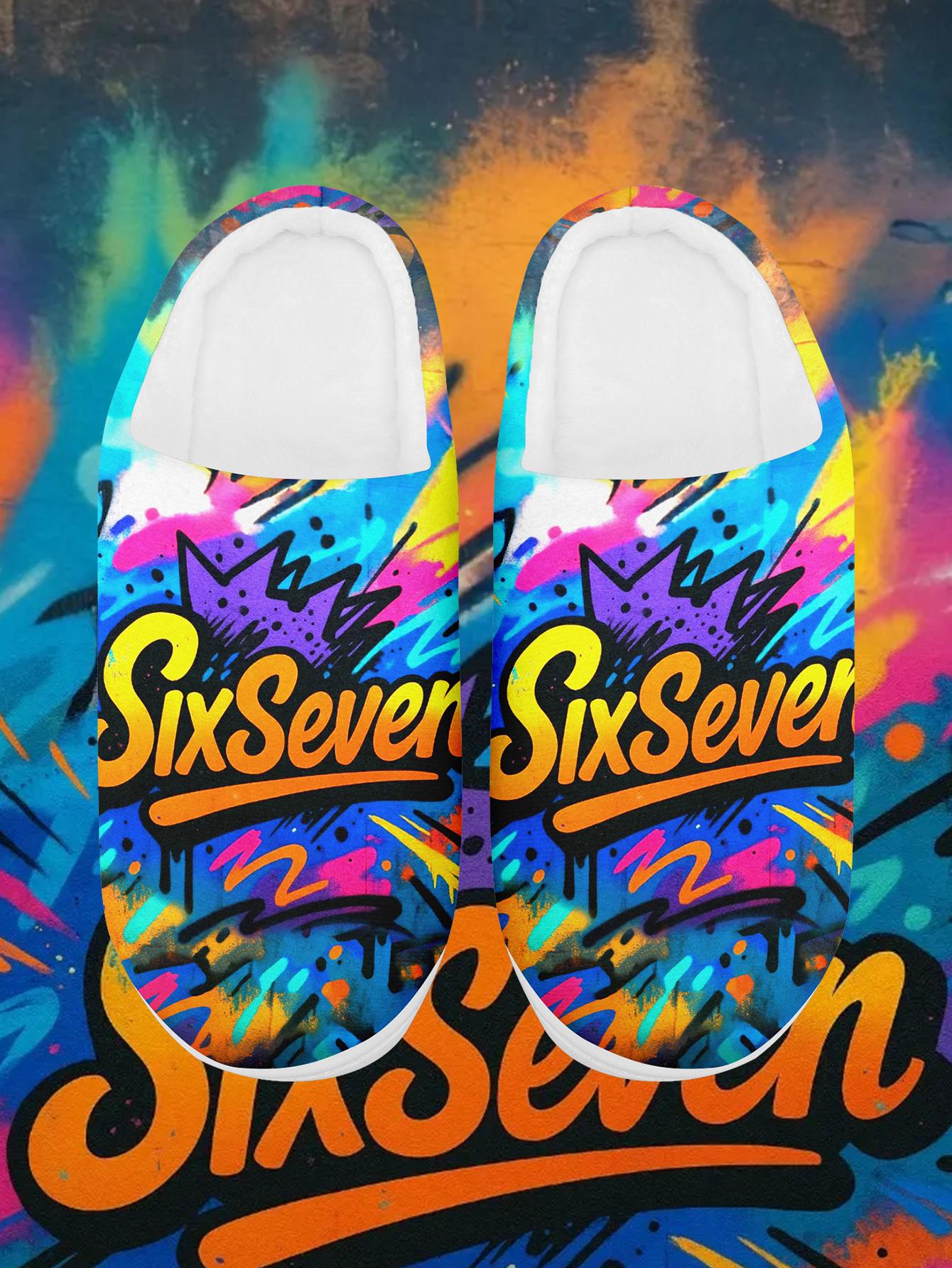 Men's Plus Size "SixSeven" Colorful Graffiti-Pattern Warm Indoor Slippers - Comfortable Cozy Home Footwear for Autumn & Winter