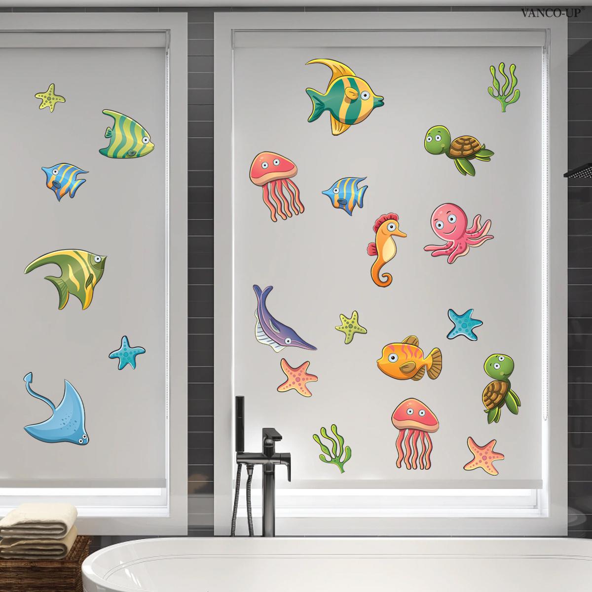 2D Flat 30×60cm Cartoon Colorful Sea Creatures Static Window Clings for Kids Bedroom Glass Decor