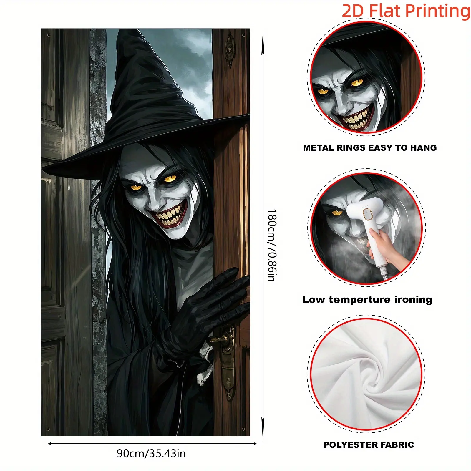 2D Flat Banner 1pc Halloween Horror Witch Door Curtain Dark Wind Printed Background Fabric, Haunted House Party Entrance Decoration Hanging Cloth, Polyester Material, Decorative Banner