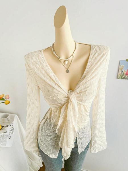 Women's Cute Sexy Button Tie Lace Top, Summer Woven Thin Fabric Loose Fit Blouse, Casual Fashionable Ladies' Clothing