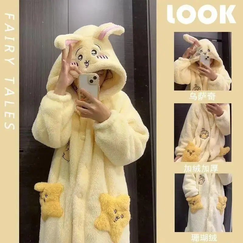 Women's Anime Chiikawa Winter Coral Fleece Pajama Set - Thick, Cute Cartoon Usag Loungewear with Full Sleeves, Warm Nightwear Including Long Robe (Robe and Pajamas Set), Robe And Pajamas1