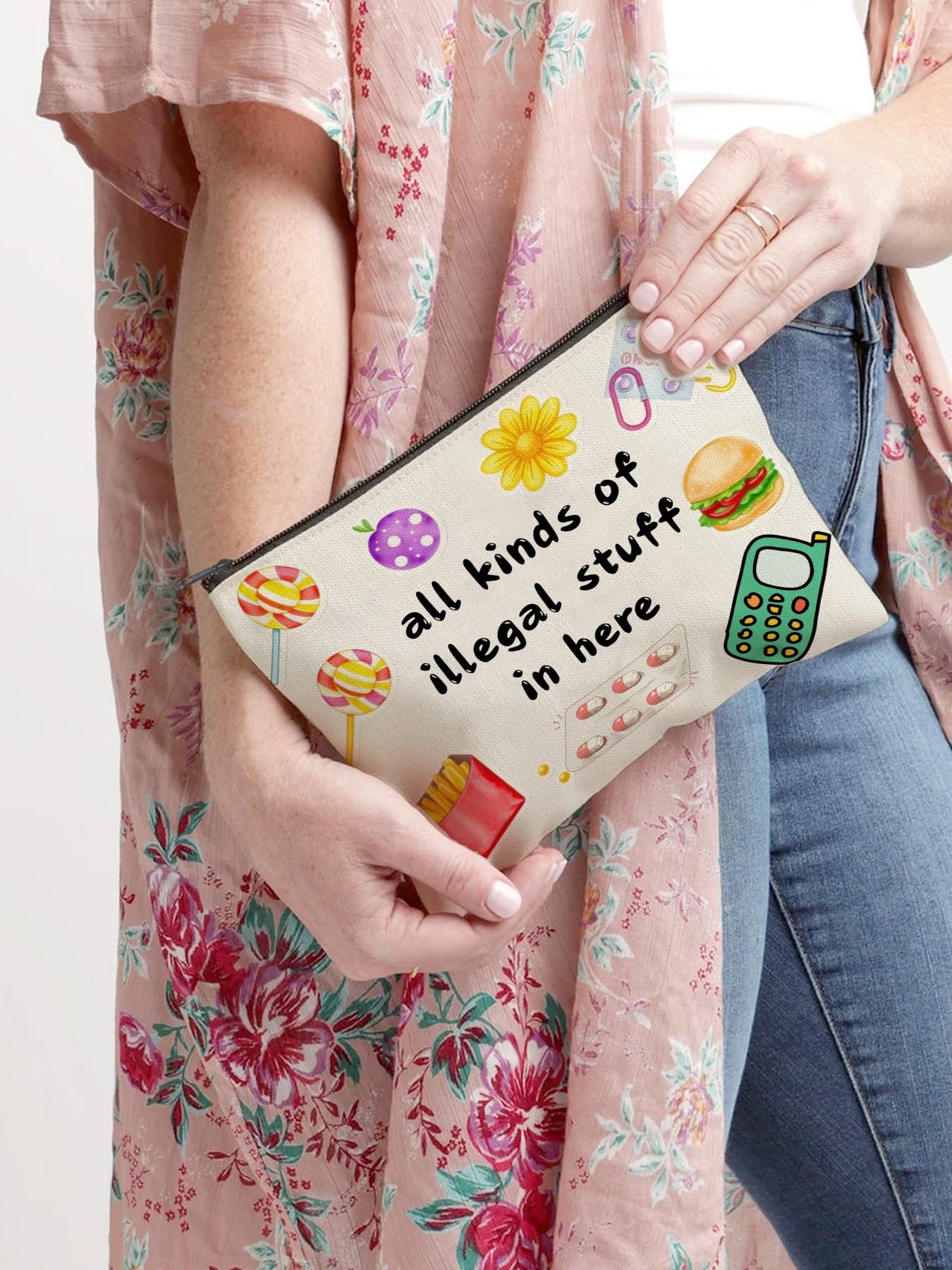 Edgy Humor Makeup Bag, Canvas Pouch with Various Items Quote, Candy, Burger, Pills, Phone, Vintage Icons, Perfect for Cosmetics