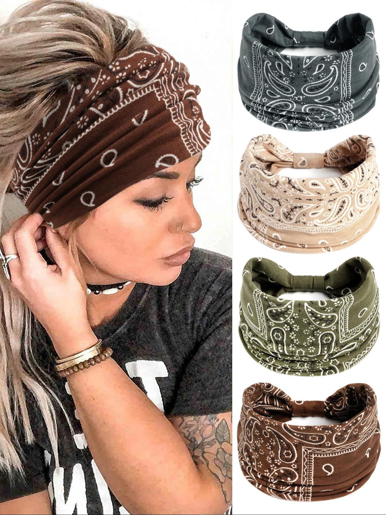 4pcs Paisley Pattern Knot Design Hair Band, Boho Wide Elastic Hair Band for Gym Workout, Hair Accessories for Yoga Wear, Knotted Headband