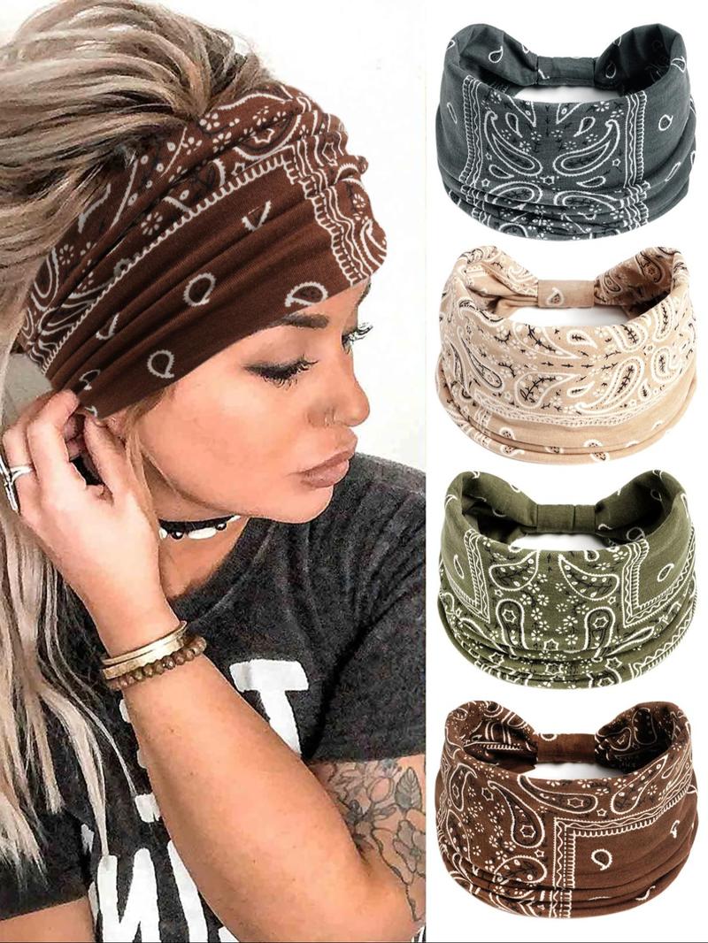 4pcs Paisley Pattern Knot Design Hair Band, Boho Wide Elastic Hair Band for Gym Workout, Hair Accessories for Yoga Wear, Knotted Headband