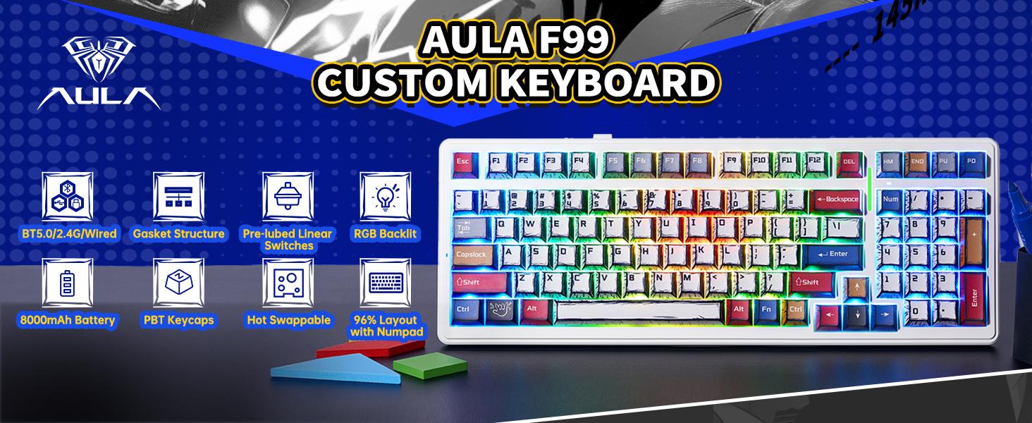 AULA F99 Wireless Mechanical Gaming Custom Keyboard, Full Size Numpad Tri-Mode BT5.0/2.4GHz/USB-C Gasket Hot Swappable, Pre-lubed Linear Switches, RGB Backlit Keyboard for Bluetooth Office Computer rainbow backlit Purple Creamy Budget Keyboard