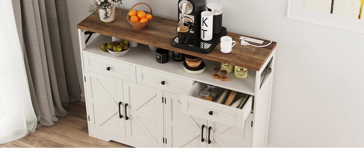 Vabches Farmhouse Buffet & Sideboard Cabinet with Storage - White Pantry Cabinet with Drawers, Wood Cupboard Hutch, Coffee Bar Station Table for Kitchen, Living Room & Dining Room