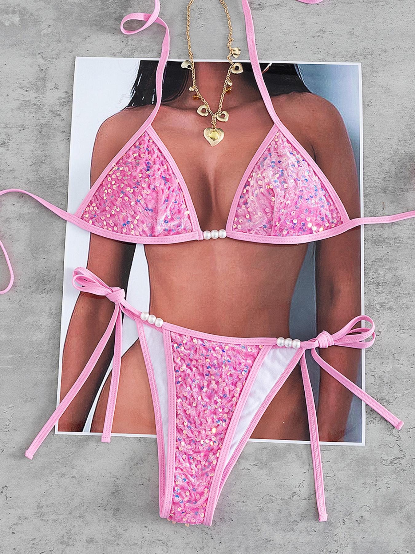 Women's Sequined Halter Bikini Set, Elegant Twist Back Tie Beaded Swimwear, Perfect for Resort Beach Evening Date Summer