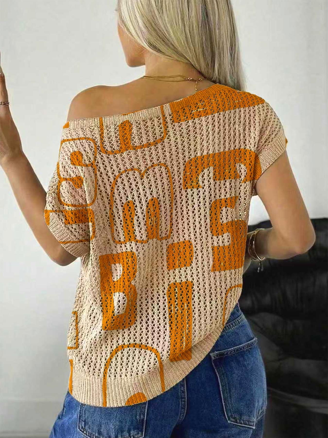 Spring Summer Women's Beach Vacation Style Asymmetrical Neck Shoulder Reveal Batwing Sleeve Semi-Transparent Lace Knit Top, Printed Knitwear