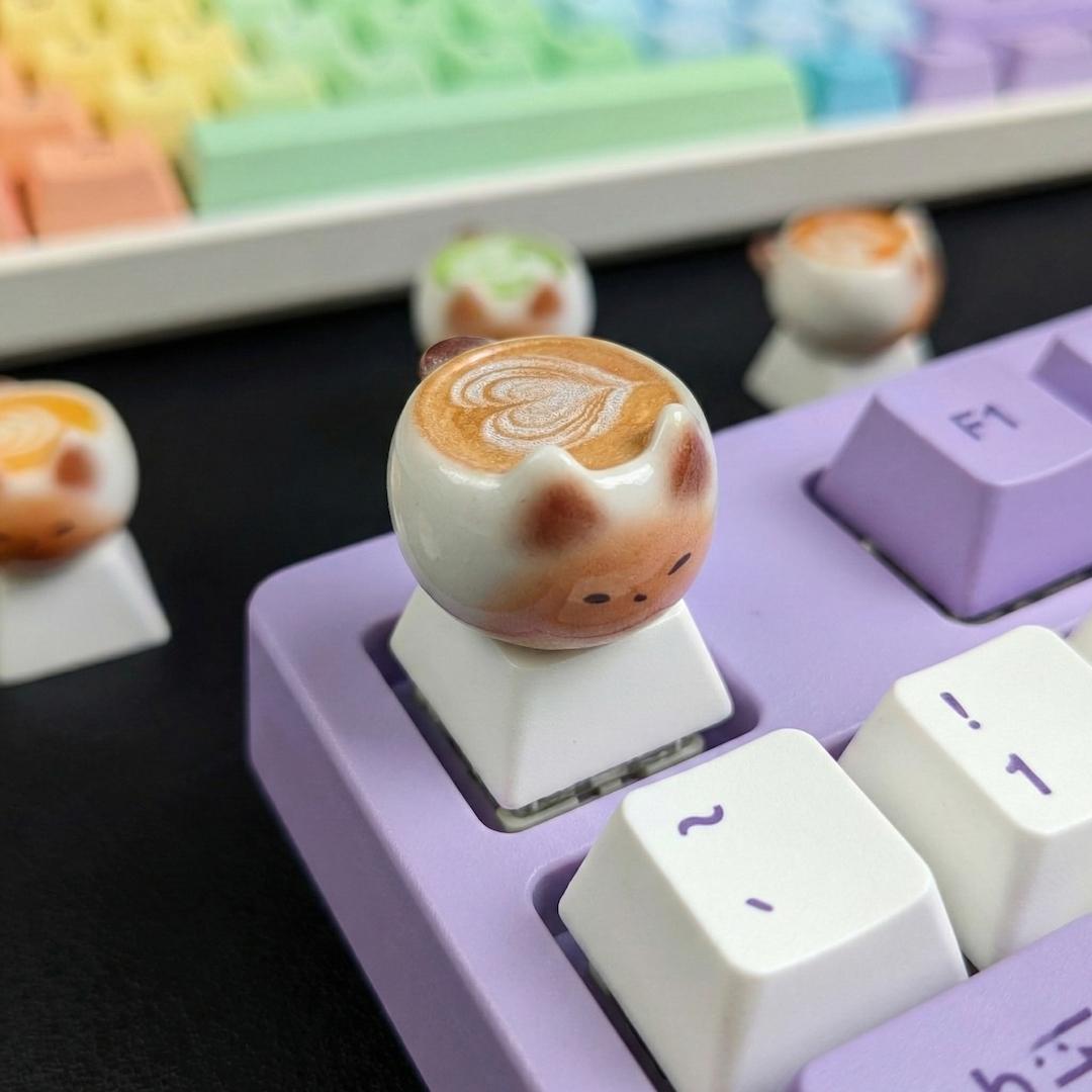 Cute Thai Cat Coffee Cartoon Keycaps, Kawaii Pbt Mechanical Keyboard Caps, Customizable DIY Anime Game Accessories Gift
