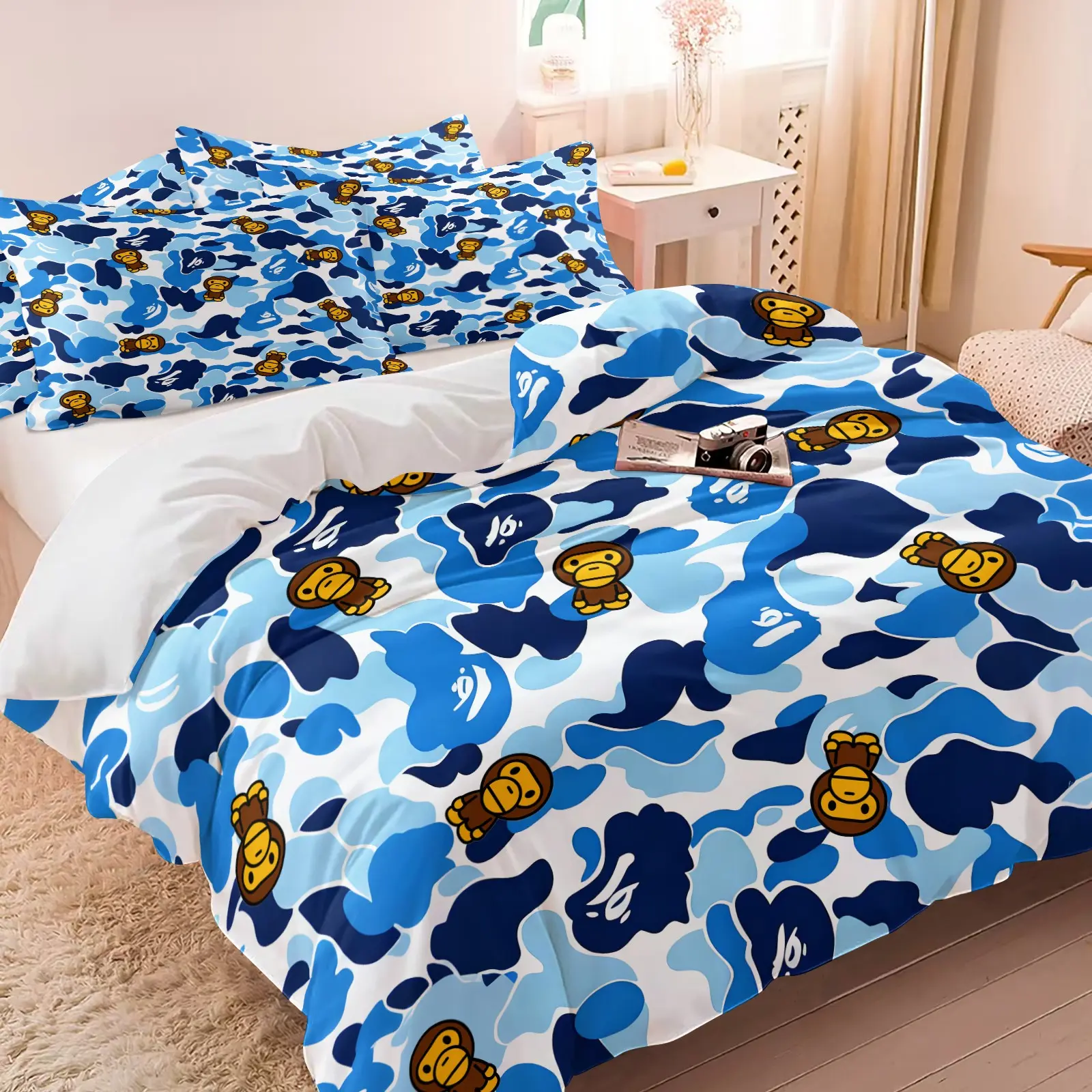 APE Streetwear Style Blue Camo Cartoon Monkey Duvet Cover Set, 1 Duvet Cover + 1-2 Pillowcases, Streetwear Style Camouflage Bedding Set, Soft Microfiber, Urban Street Style Bedroom Decoration, Gift for Hypebeast & Streetwear Enthusiast