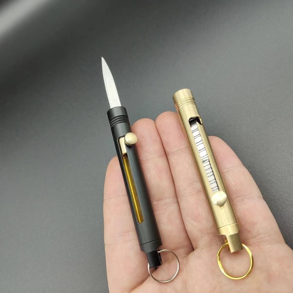 Mini Brass Push-Pull Knife Keychain, Sharp Camping Hiking Outdoor Fishing Tool, Daily Carry Pocket Knife, Durable & Portable Design, Outdoor Multifunctional Tools