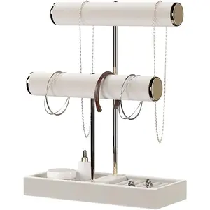 2 Tier Necklace Bracelet Holder Organizer with Ring Tray Jewelry Display Stand，Jewelry Holder for Scrunchie Watches Detachable (Biege)