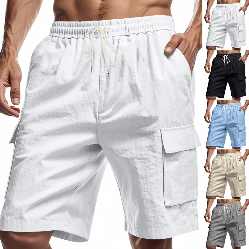 Men’s Linen Cargo Shorts, Lightweight Breathable Casual Shorts with Side Pockets, Elastic Drawstring Waist Utility Shorts for Men, Relaxed Fit Summer Linen Shorts for Beach, Travel, Outdoor Activities, Vacation and Daily Wear