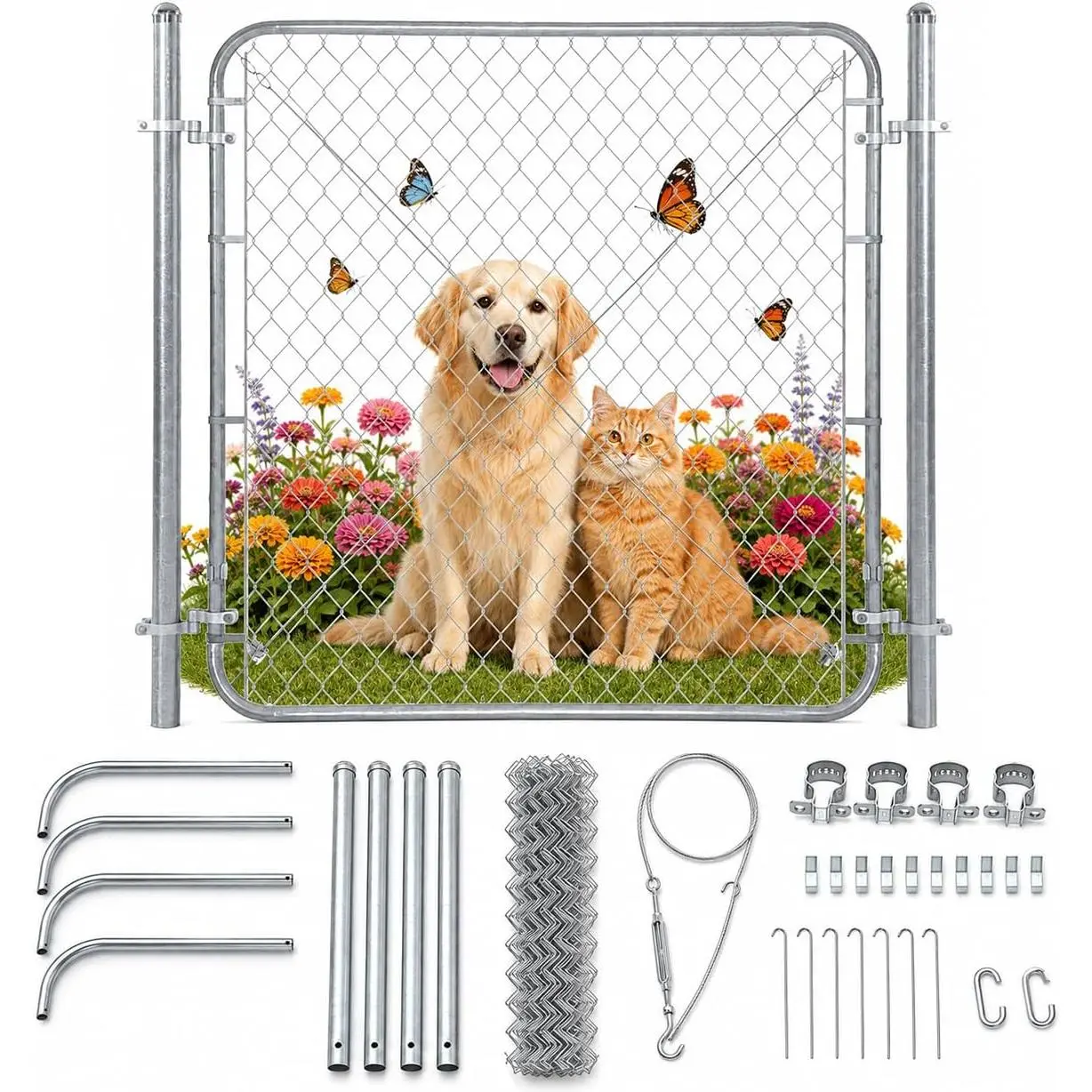 48" H Adjustable Chain Link Gate Kit with Posts, 24-72" W Heavy-Duty Metal Gate for Residential Outdoor Security Yard Fence