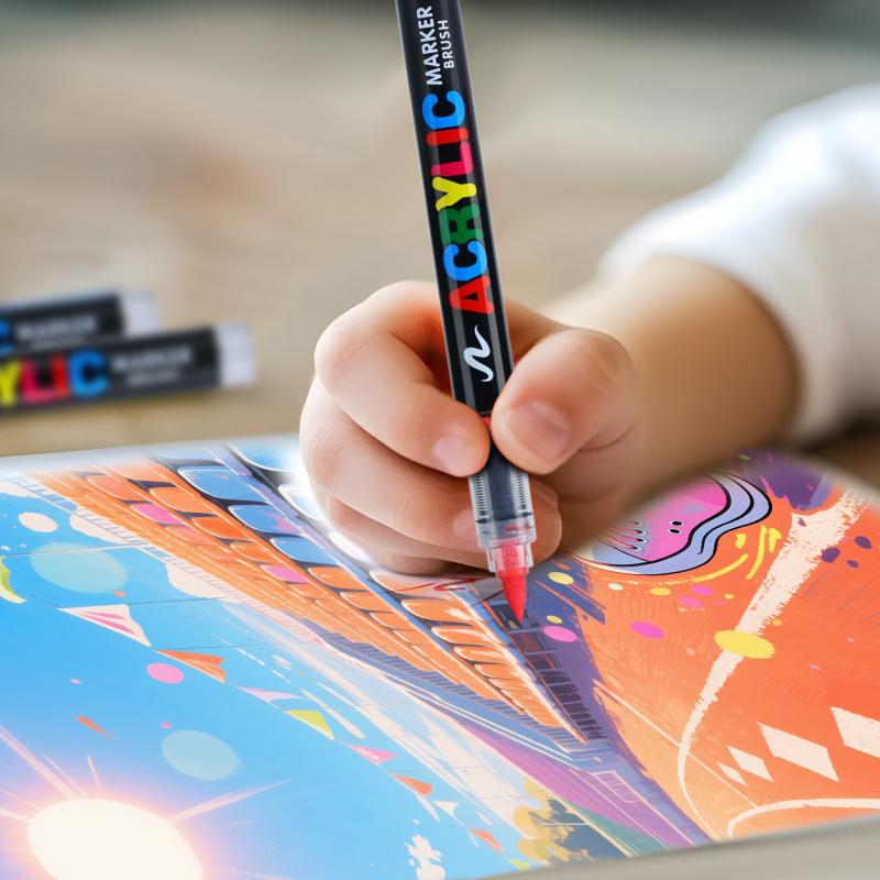 Acrylic Paint Markers, Soft Brush Tip Pens and Markers, Acrylic Paint Pens for Wood, Stone, Canvas, Glass, Fabric, Egg, Rock Painting and DIY Crafts Art Supplies, Art Markers Set,Permanent,Washable,Quick-Drying,Waterproof