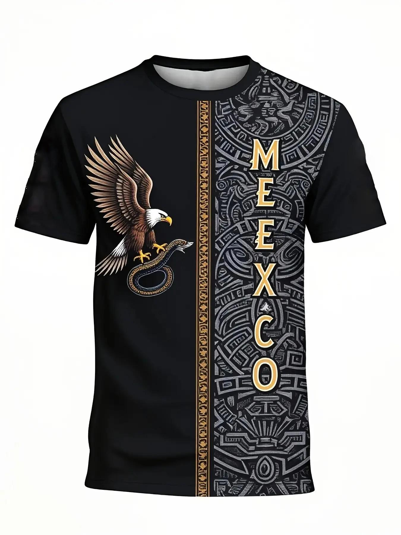 Men's Mexican Eagle Snake Aztec Sport T-Shirt, Street Style Round Neck Short Sleeve Top, Loose-Fit Geometric Pattern, All Seasons