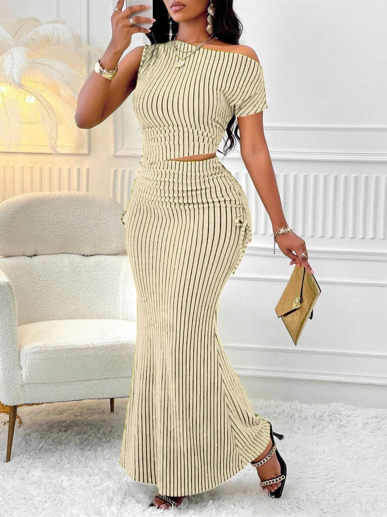 Women's Two-Piece Set, Striped Short Sleeve Asymmetrical Shoulder Top and High-Waisted Skirt, Casual, Fashionable and Body-Conscious, Summer Outfit Set, Clothes