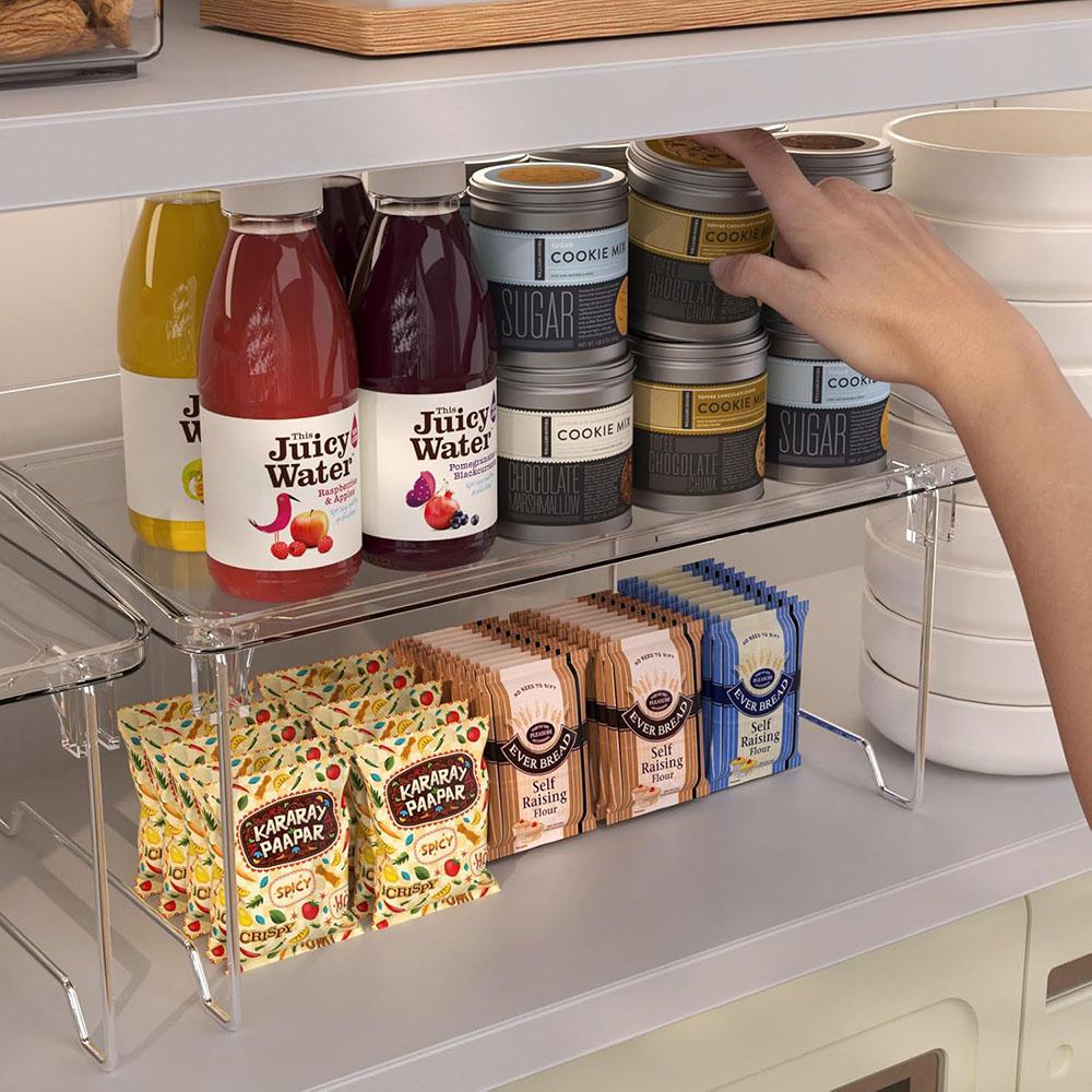 2 Piece Cabinet Storage Rack, Stackable Kitchen Counter Shelf, Spice Rack, Countertop Organizer, Transparent Plastic Storage Rack