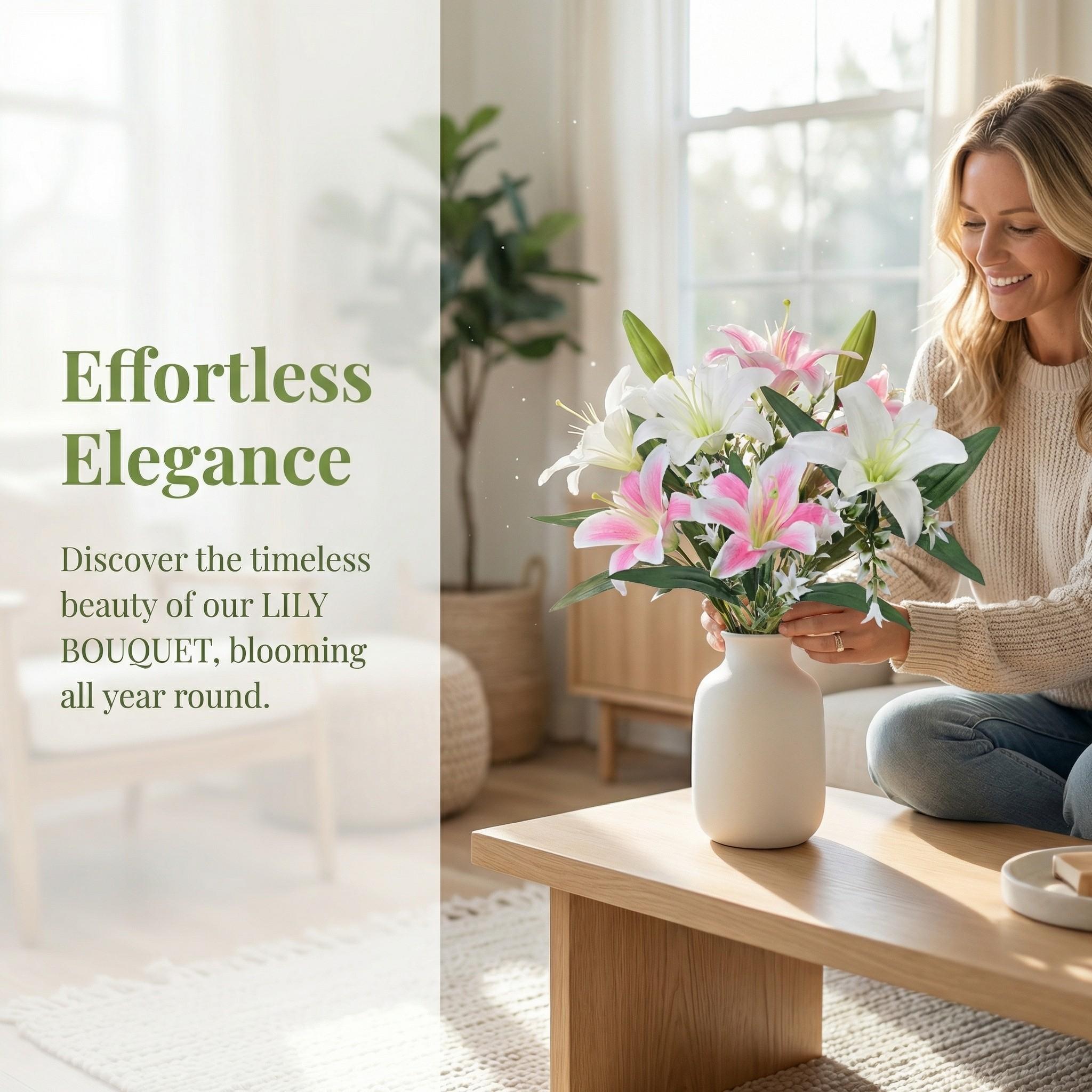 5-Piece Artificial Lily and Star Gazer Bouquet, Plastic Floral Arrangement, Decorative Handheld Flower Bundle, Realistic Fake Flowers