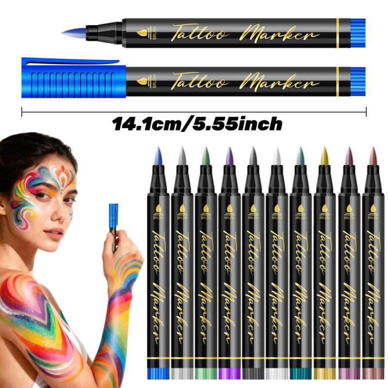 Temporary Tattoo Markers,10/12/18/24 Colors Metallic Markers,Tattoo Stencil, Cosmetic Tattoos Pens,Flexible Brush Tip, Bright colors, Face Paint Kit Cosmetic Quality,Christmas gifts
