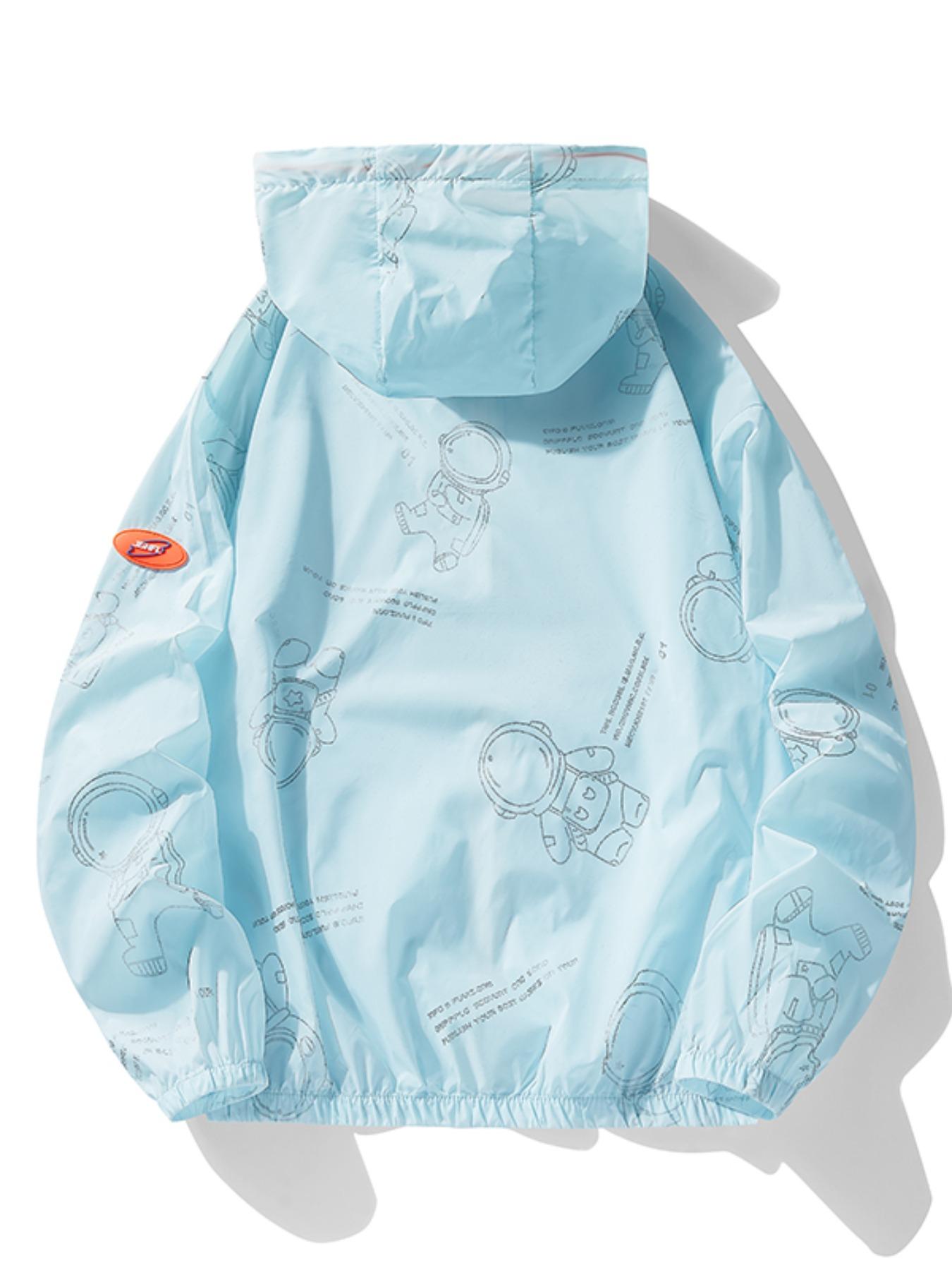 Men's Astronaut Print Drawstring Zipper Hooded Jacket, Casual Regular Fit Patched Pocket Outerwear for Spring & Fall, Fall Outfits, Men's Clothing, Jackets for Men, Men's Clothing for Daily Wear
