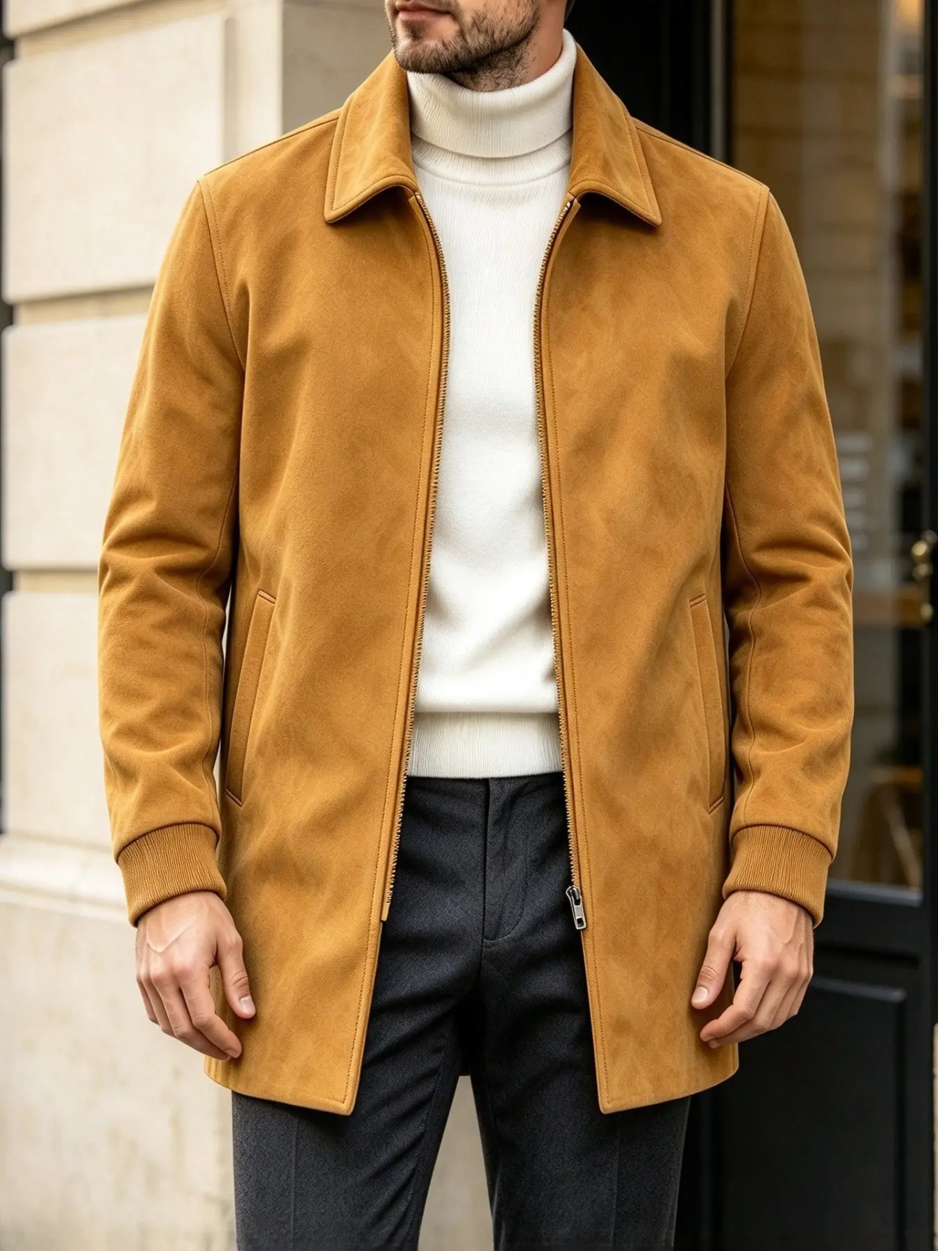 Men's Suede Velvet Solid Color Lapel Zipper Windproof Coat, Casual Mid-Length Jacket, Outdoor Fashion Outerwear