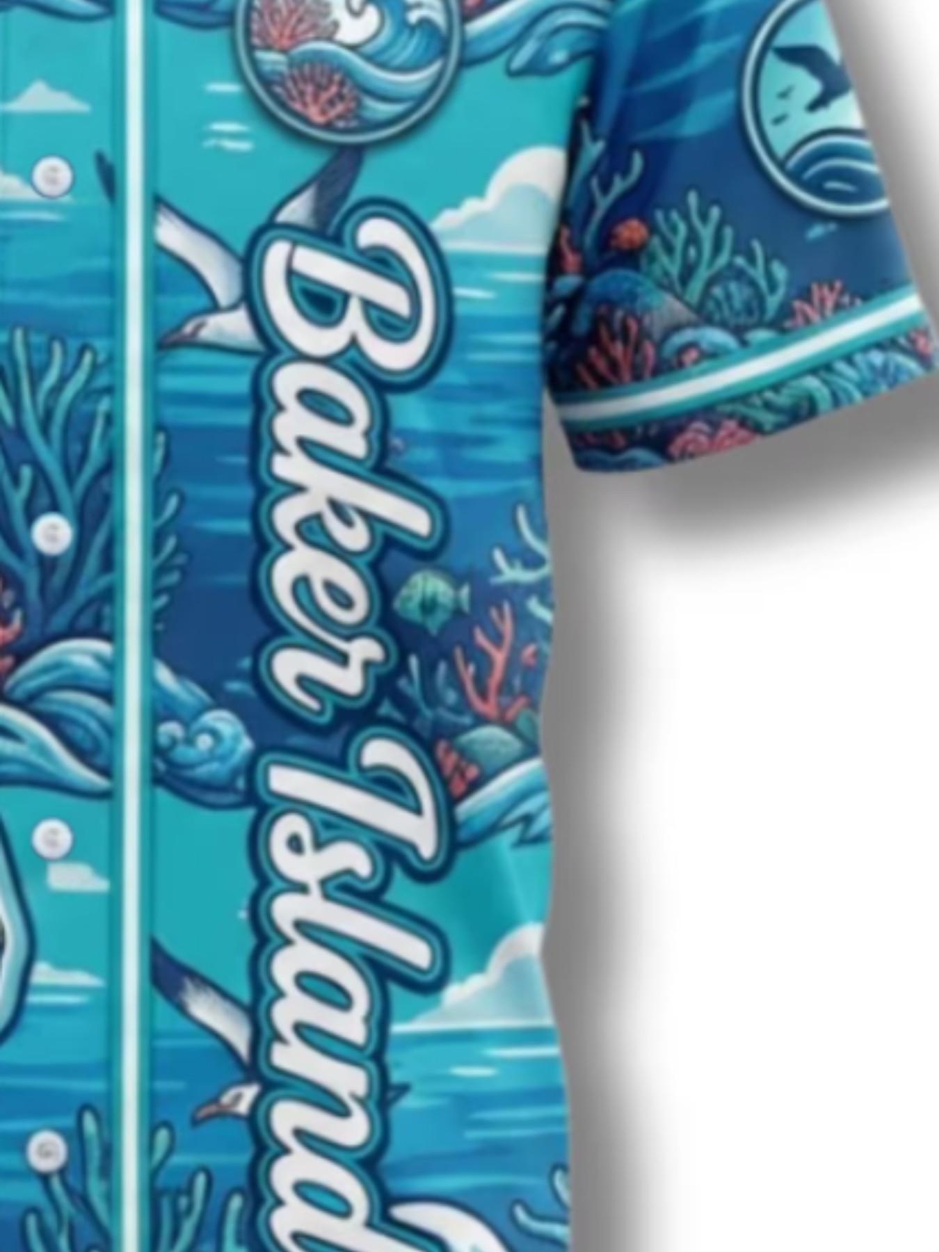 Unisex Casual Baseball Shirt, Jarvis Island Tropical Sports Tee, Baker Island Coral Reef Print, Button Front Short Sleeve, Loose Fit