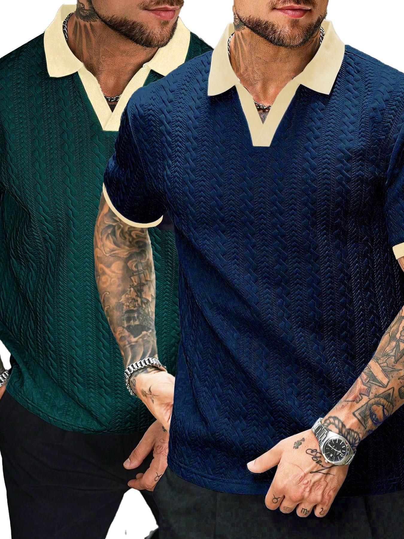 Men's Retro Colorblock Polo Shirt, Textured V Neck Short Sleeve Top, Casual Street Style, Summer Fashion, Fitted Leisurewear