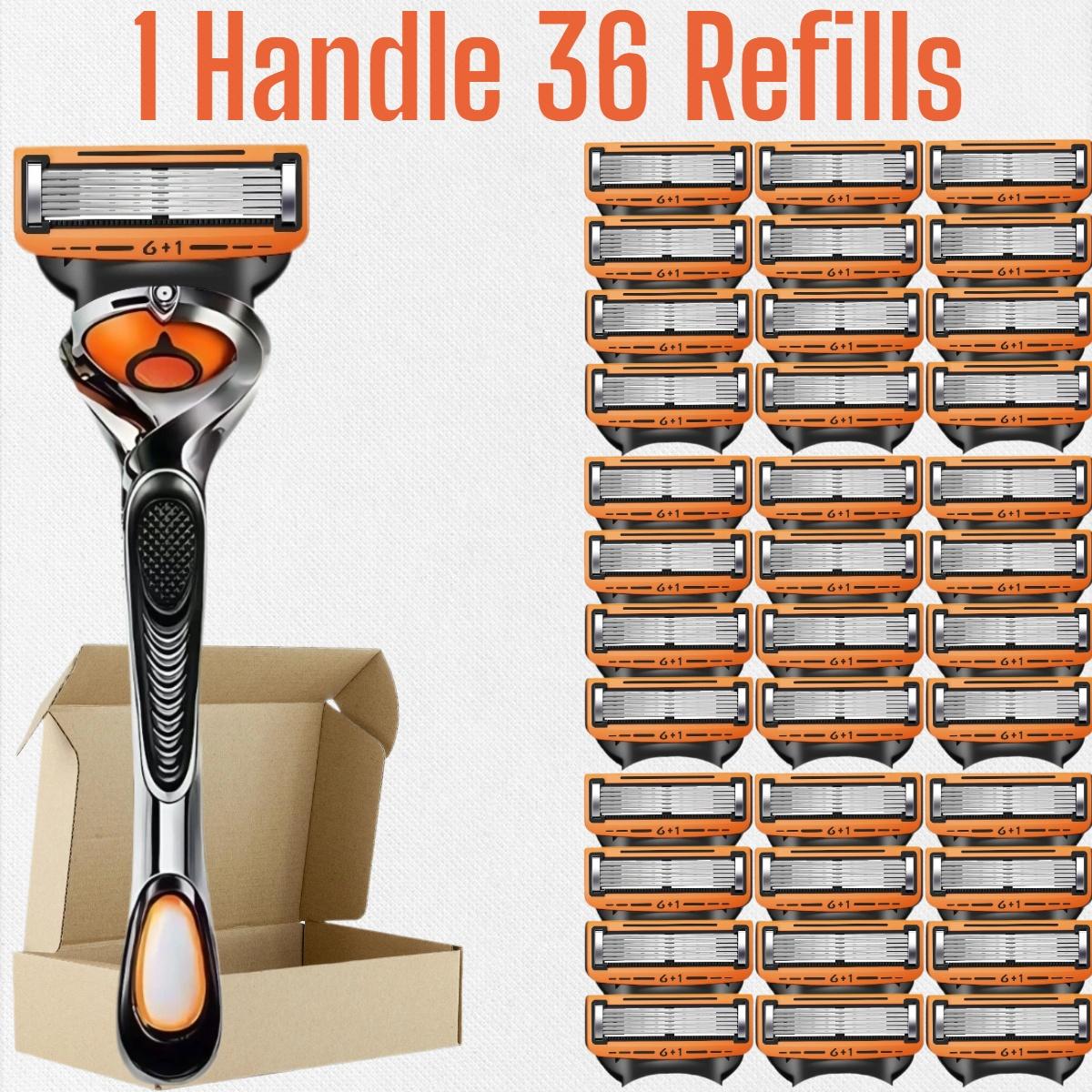 Men's Shaving Razor Set with 1 Handle and 12/24/36/48 Refills, Precision Trimmer, Stainless Steel Blades, Sealed Packaging