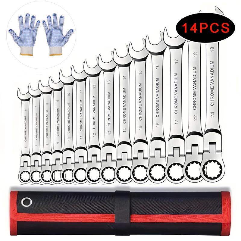8/14/16 PCSAdjustable Ratchet Wrench Set High-Grade CR-V Structure 180-Degree Flex Head Design Organizer Wrench Kit Chrome Vanadium Steel Manual Tool Socket Wrenches Without Battery