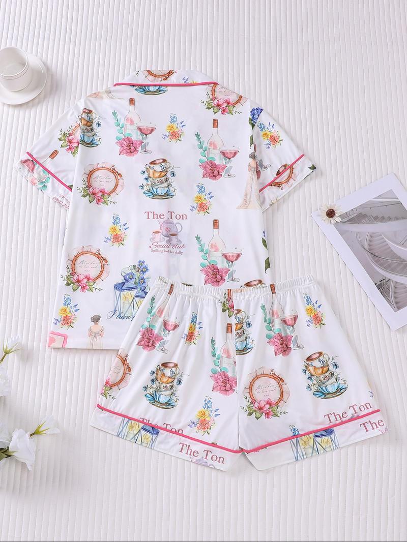 Women's All Over Print Lapel Shirt & Shorts Pajama Two-piece Set, Casual Comfy Short Sleeve Top & Elastic Waist Shorts Set, Ladies Summer Sleepwear, Pjs