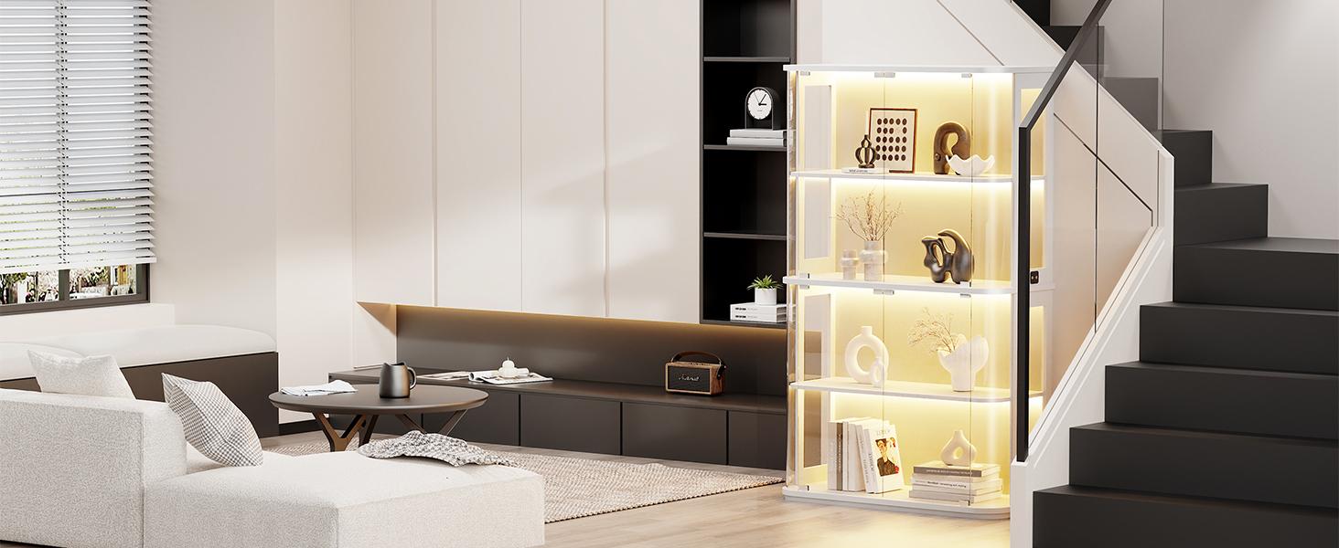 MIIFUNY Large Rounded Display Cabinet with Glass Door, 4-Tier Curio Cabinet with 3 Color Lights for Collectibles, Figures, Glass Display Case with Transparent Full-Display Surface, Human Body Sensor, White MIIFUNY Large Rounded Display Cabinet with Glass Door, 4-Tier Curio Cabinet with 3 Color Lights for Collectibles, Figures, Glass Display Case with Transparent Full-Display Surface, Human Body Sensor, White