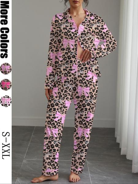 Women's Autumn Winter Pajama Set, Cute Bowknot Print, Holiday Party Sleepwear, Shirt Collar Button Long Sleeve Top & Elastic Pants, Pajamas For Adults