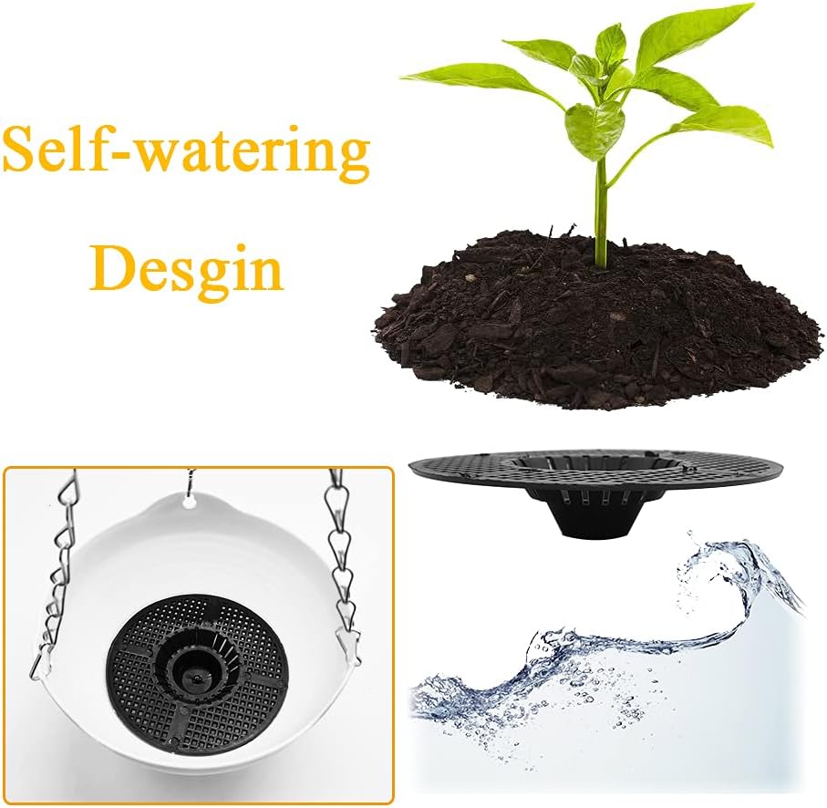 4-Pack 8-in Self-Watering Hanging Planter Pots, Round Hanging Baskets with Metal Chain & Water Tray, Space Saving Wall Plant Holders for Indoor Outdoor Garden Decor, White, Space Saving Planter, Porch Planters