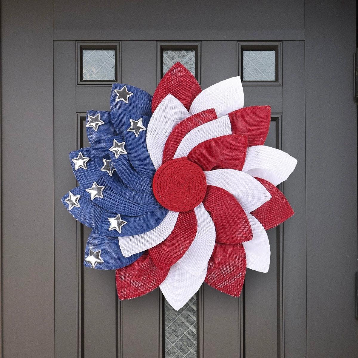 Full 3D Burlap Petal Wreath Door Hanger, Patriotic Red White Blue Independence Day Decorative Wreath for Front Door Porch Wall Window, July 4th Celebration Decor