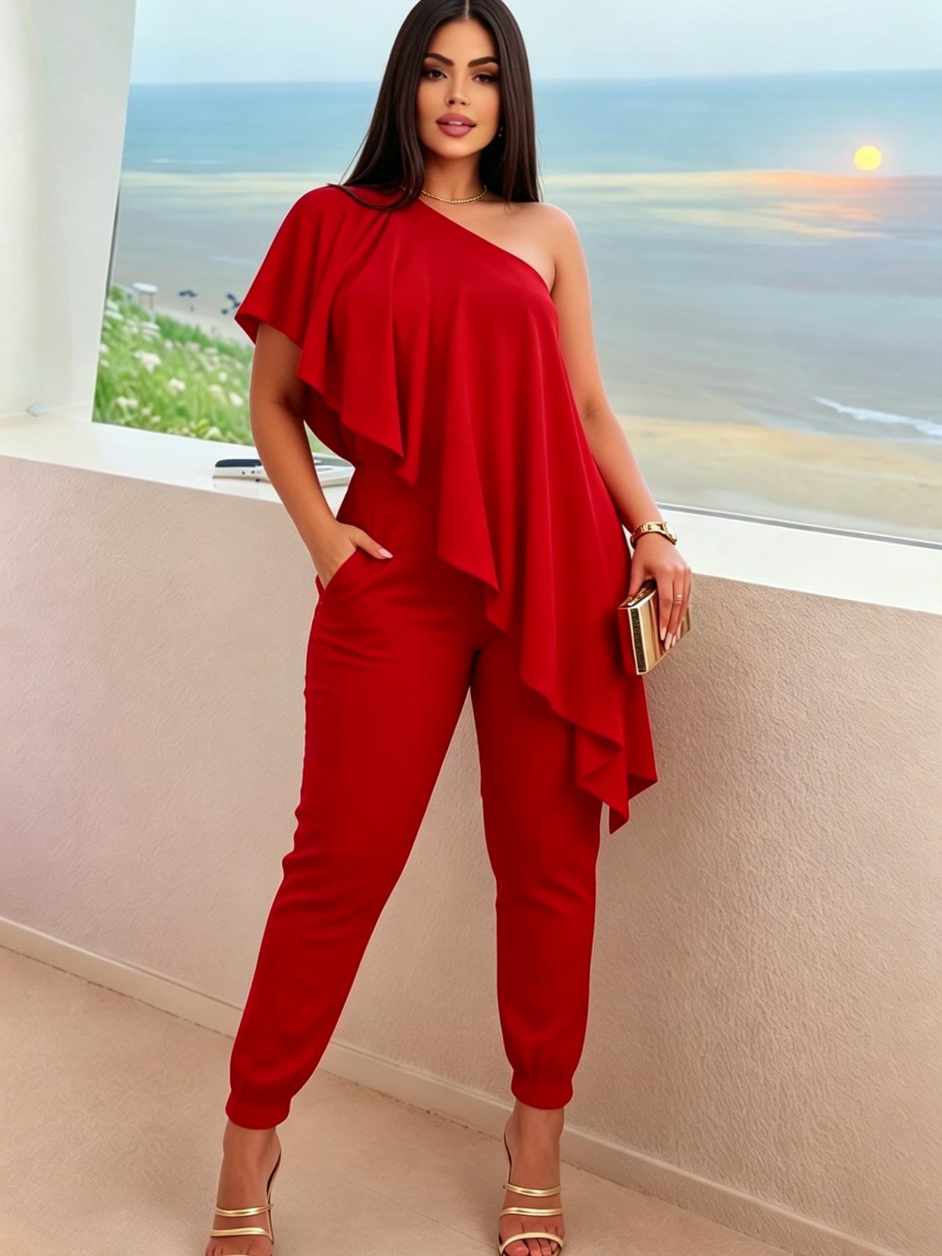 Two-Piece Asymmetrical Ruffle Top and Elastic Waist Pants Set, Fashionable Side Pockets, Fit, Perfect for Office, Dates, Parties, Holidays