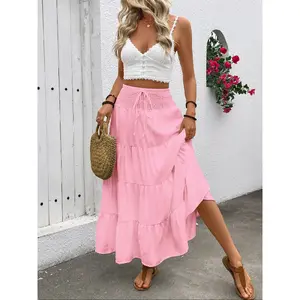 Women's Plain Boho Bohemian Style High Waist A-Line Skirt, Woven Elasticity Loose-Fitting Long Dress with Adjustable Drawstring Design, Casual Fashion for All Seasons