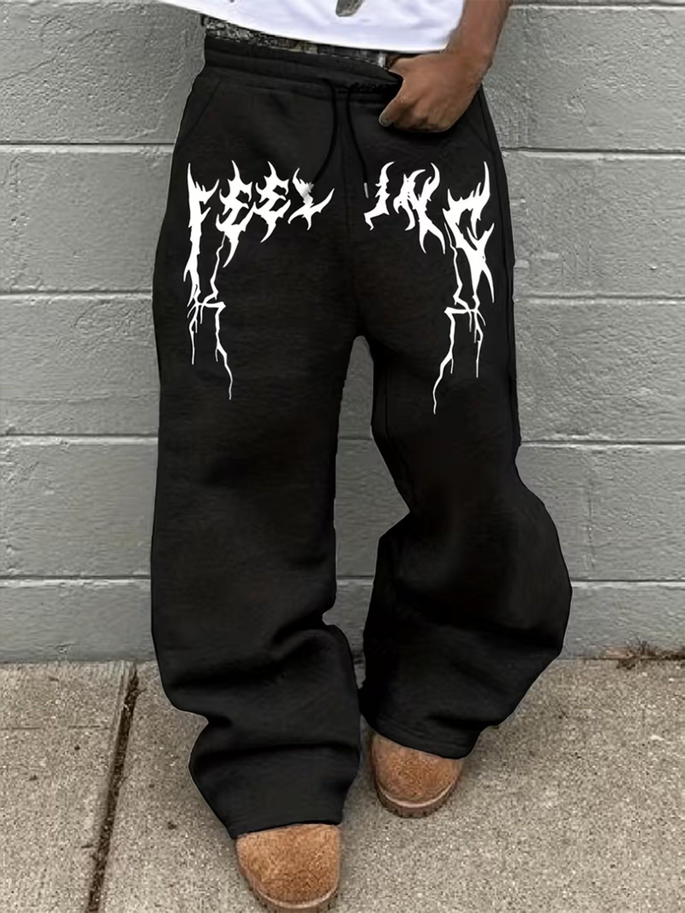 Men's Baggy Stacked Sweatpants, Y2K Gothic Metal Graphic Print