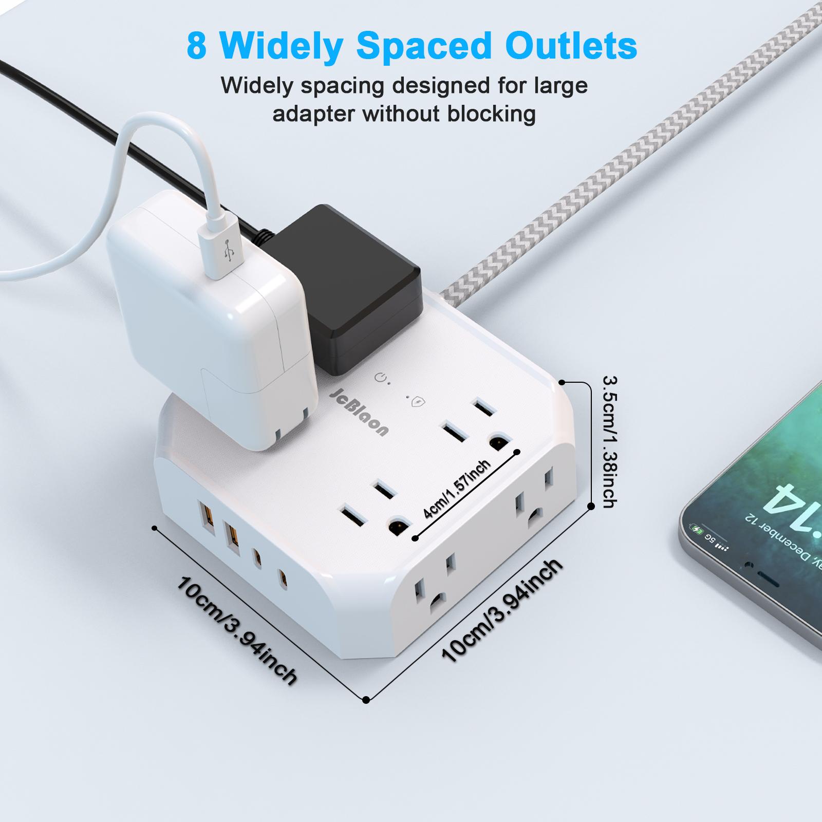 5/10/15ft Surge Protector Multifunctional Power Strip - 8 Widely Outlets with 4 USB Ports, 3 Side Outlet Extender, Flat Plug, Wall Mount, Desk USB Charging Station for Home Office, College Dorm Room Essentials