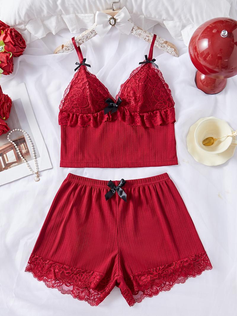 Women's Contrast Lace Bow Decor Ribbed Pyjama Two-piece Set, Cute Elegant Adjustable Spaghetti Strap Ruffle Trim Crop Camisole & Elastic Waist Shorts Pj Set, Ladies Sleepwear for All Seasons, Aesthetic Womenswear, Lingerie Nightwear