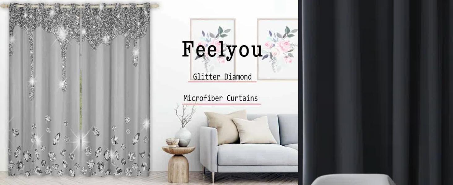 Silver Curtain,Bling Decorations Grey Darkening Window Drapes for Diamond and Blackout Curtains,living room sheer curtain