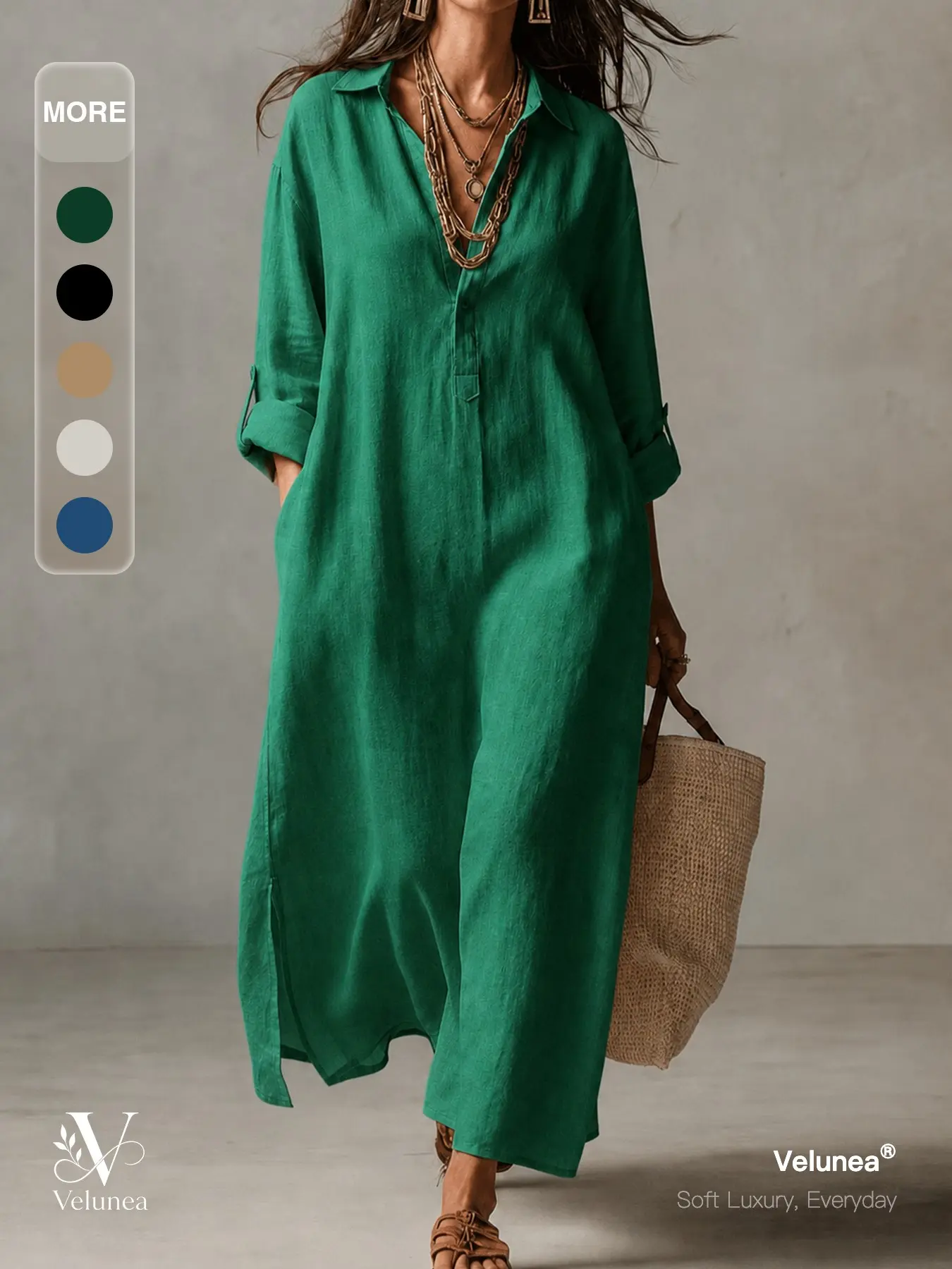 Velunea Women’s Button Front Maxi Shirt Dress, Long Sleeve Oversized Dress with Relaxed Fit and Flowing Silhouette, Elegant Resort Wear for Vacation and Everyday Chic