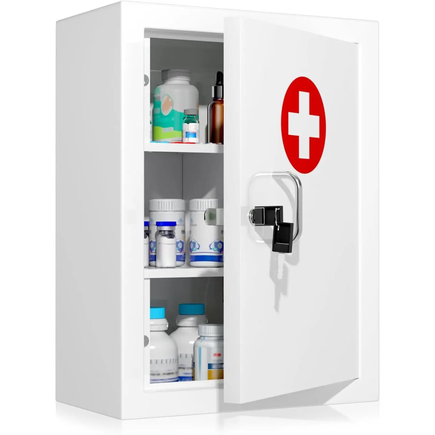 Childproof Steel Locking Wall-Mount Cabinet - Pre-Drilled White Metal Storage Unit with Lock & Key for Home Family Safety (Bathroom Supplies)